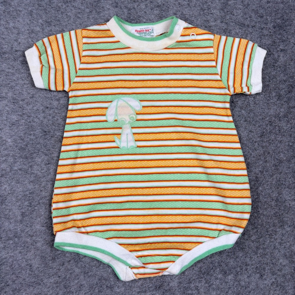 Health-tex Romper Unisex 12M Vintage Striped Puppy Dog Snap Onsie 70s 80s USA